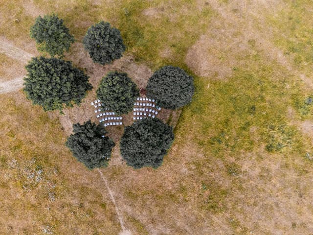 aerial view of the outside ceremony setup at outside ceremony setup at Hillfields Farm Wedding Venue