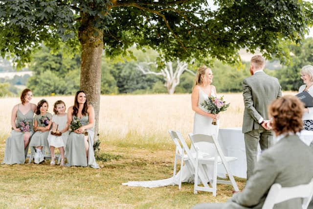 Outdoor summer ceremony at Hillfields Farm Wedding Venue